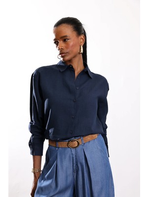 5in1Canpolat Lacivert Keten Dokulu Klasik Kesim Gömlek