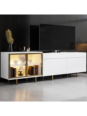 Modatte Mobilya MODATTE Vienna Gold Demir Ayaklı Rgb LED Işık Sistemli Beyaz Tv Ünitesi Tv Sehpası