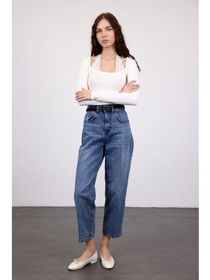 5in1Canpolat Mavi Yüksek Bel Baggy Jean 3004