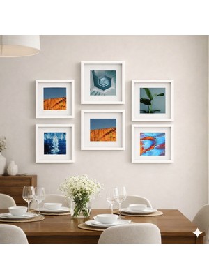 Aley Life Yapışkanlı Beyaz Sök Tak 21 X21 cm Paspartulu Klasik Kare Çerçeve Set - 6'lı Paket