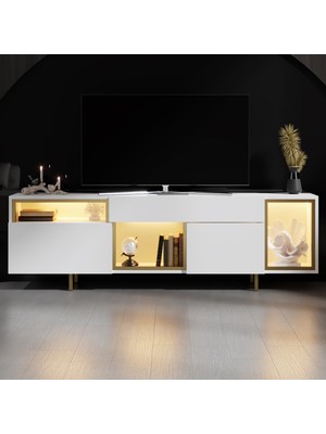 Modatte Mobilya MODATTE Norm Gold Demir Ayaklı Rgb LED Işık Sistemli Beyaz Tv Ünitesi Tv Sehpası