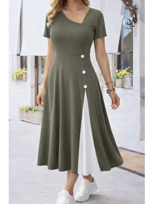 Kendim Fashion Kadın Kısa Kollu Asimetrik Yakalı Düğme Detaylı Midi Viskon Elbise