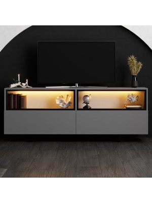 Modatte Mobilya MODATTE Ekol Siyah Demir Ayaklı Rgb LED Işık Sistemli Antrasit Tv Ünitesi Tv Sehpası