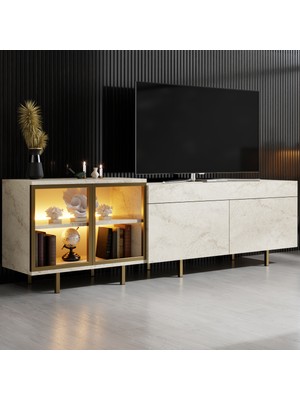 Modatte Mobilya MODATTE Vienna Gold Demir Ayaklı Rgb LED Işık Sistemli Traverten Tv Ünitesi Tv Sehpası