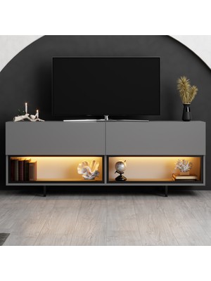 Modatte Mobilya MODATTE Ekol Siyah Demir Ayaklı Rgb LED Işık Sistemli Antrasit Tv Ünitesi Tv Sehpası