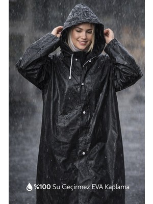 Epilons Siyah Eva Pardesü Yağmurluk Su Geçirmez Kapüşonlu Çıtçıtlı Rüzgar Koruyucu