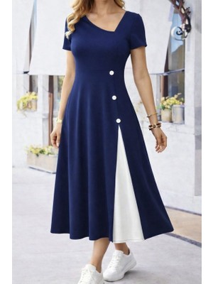Kendim Fashion Kadın Kısa Kollu Asimetrik Yakalı Düğme Detaylı Midi Viskon Elbise