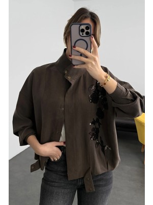 5in1Canpolat Kahverengi Pul Işlemeli Bomber Ceket 4097