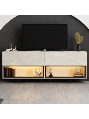 Modatte Mobilya MODATTE Ekol Siyah Demir Ayaklı Rgb LED Işık Sistemli Traverten Tv Ünitesi Tv Sehpası