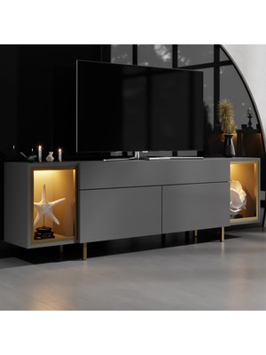 Modatte Mobilya MODATTE Zenith Gold Demir Ayaklı Rgb LED Işık Sistemli Antrasit Tv Ünitesi Tv Sehpası