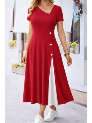 Civetta Kadın Kısa Kollu Asimetrik Yakalı Düğme Detaylı Midi Viskon Elbise