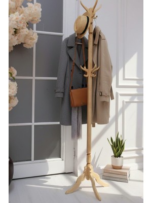 Ahşap Teslim Ahşap Portmanto Dekoratif Ayaklı Askılık  Mont Ceket Elbise Askılığı -Bej Rengi