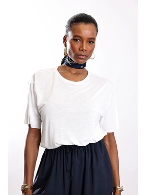 5in1Canpolat Beyaz Keten Dokulu Tişört 30193