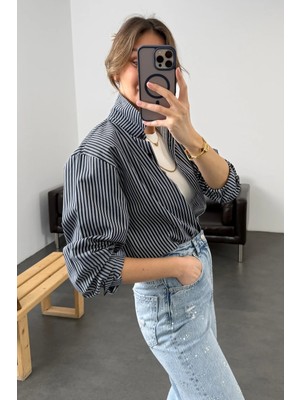 5in1Canpolat Lacivert Çizgili Poplin Gömlek 37116