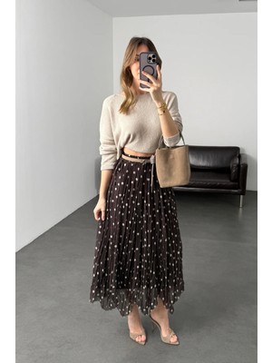 5in1Canpolat Kahverengi Puantiyeli Şifon Etek 261028