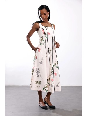 5in1Canpolat Ekru Çiçekli Kate Elbise