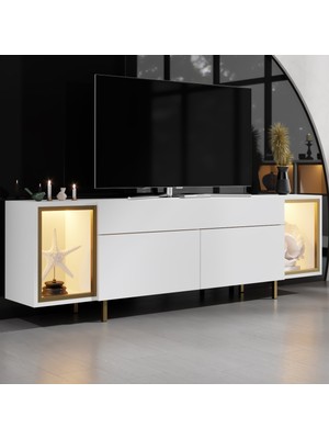 Modatte Mobilya MODATTE Zenith Gold Demir Ayaklı Rgb LED Işık Sistemli Beyaz Tv Ünitesi Tv Sehpası