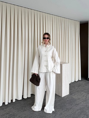 Laluvia Natural Nakış Düğmeli Kimono Takım - 60624