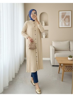 Modamorfo Boydan Düğmeli Kolu Lastikli Uzun Krinkıl Tunik   -Bej