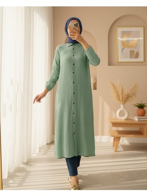 Moda Morfo Boydan Düğmeli Kolu Lastikli Uzun Krinkıl Tunik   -Mint