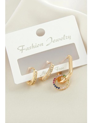 Aesco 3 Adet Halka Zirkon Taşlı Küpe