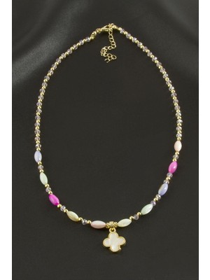 Aesco Çiçek Sedef Cam Boncuk Kristal Kolye