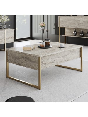 Modatte Mobilya MODATTE Luxe Gold Demir Ayaklı Traverten Orta Sehpa