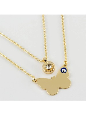 Aesco Kelebek Figürlü Isim Yazılabilir Boş Plaka Ikili Kolye