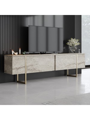 Modatte Mobilya MODATTE Luxe Gold Demir Ayaklı Traverten Tv Ünitesi Tv Sehpası