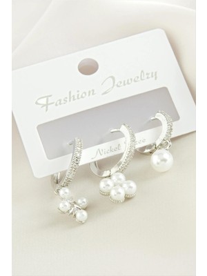 Aesco 3 Adet Çiçek Inci Zirkon Taşlı Küpe