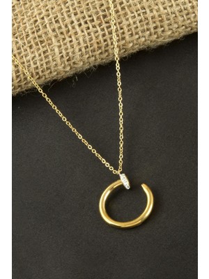 Aesco Çivi Zirkon Taşlı Lüks Çelik Kolye