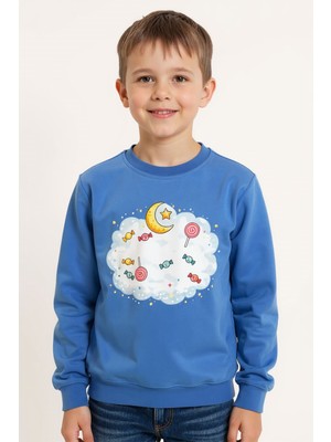 Evavi Erkek Çocuk Şeker Bulut Baskılı Bisiklet Yaka Mavi Sweatshirt