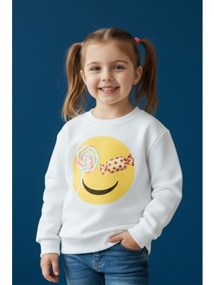 Evavi Kız Çocuk Şeker Baskılı Bisiklet Yaka Beyaz Sweatshirt