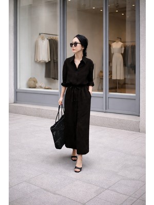 Barbora Keten Günlük Rahat Beli Bağcık Detaylı Uzun Kol Elbise