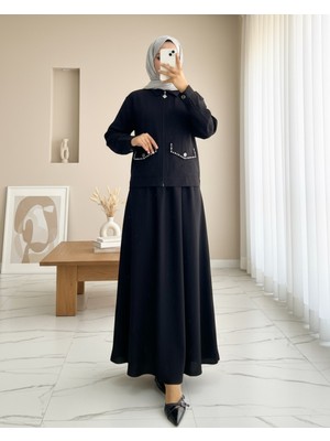 Modamorfo Fermuarlı Ceketli Beli Lastikli Etekli Keten Takım -Siyah