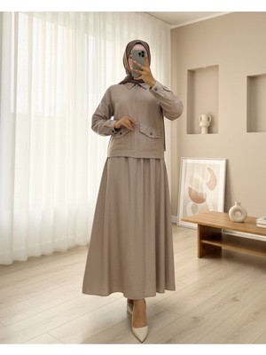 Modamorfo Fermuarlı Ceketli Beli Lastikli Etekli Keten Takım  -Vizon