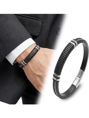 Fm 💎 Premium Siyah Deri ve 316L Halat Çelik Erkek Bileklik 31834B19D2 - 21 cm