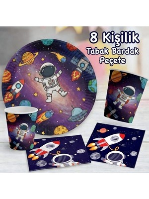 Çavuş E-Ticaret Uzay Kozmik Astronot Temalı Doğum Günü Parti Seti-Tabak-Bardak-Peçete Seti-8 Kişilik