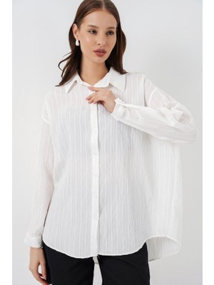Çizgili Oversize Gömlek 20293 - Beyaz
