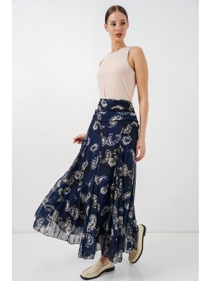 Desenli Şifon Etek 8057 - Lacivert