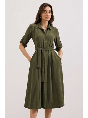 Haki Kuşaklı Gömlek Elbise 2442
