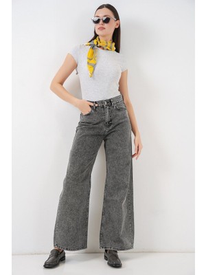 Bol Paça Yüksek Bel Palazzo Kot Pantolon 6656 - Gri