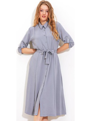 Gri Kuşaklı Gömlek Elbise 2442