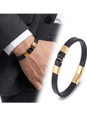 Fm 💎 Premium Erkek Altın Renk Çelik Ve Siyah Deri Bileklik 31834B4D2