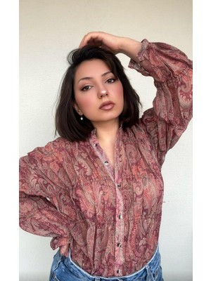 Gipeli Etnik Vintage Desenli Şık Kadın Gömlek - Iç Göstermez