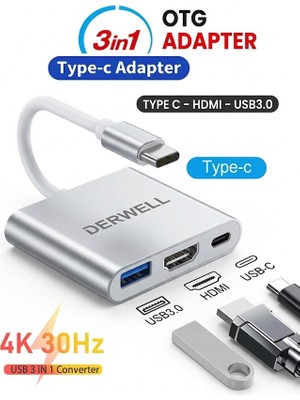 Derwell Type-C To HDMI USB 3.0 Type-C 3.1 (Pd Şarj) Çevirici Dönüştürücü 4K Ultra Full Hd 3D Süper Görüntü Notebook/pc/macbook Için Çoklu Seçenek 3in1 Type-C Adaptör