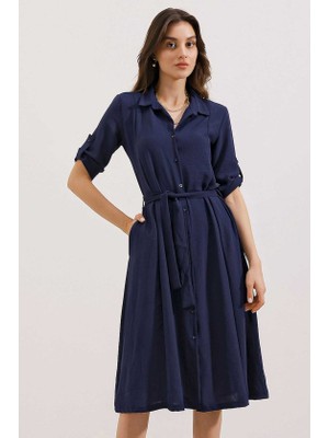 Lacivert Kuşaklı Gömlek Elbise 2442