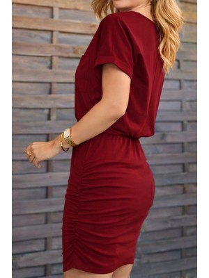 Hyem Kısakolluyandan Büzgülü Viskon Elbise