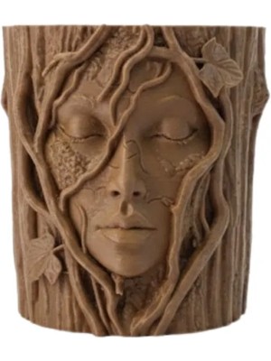Selfbuysell 3D Doğal Ahşap Görünümlü Yüz Detaylı Dekoratif Vazo Sanat Tasarım