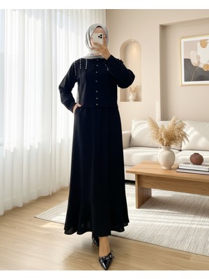 Modamorfo Omuzu Taşlı Düğmeli Ceket Etek Keten Takım -Siyah